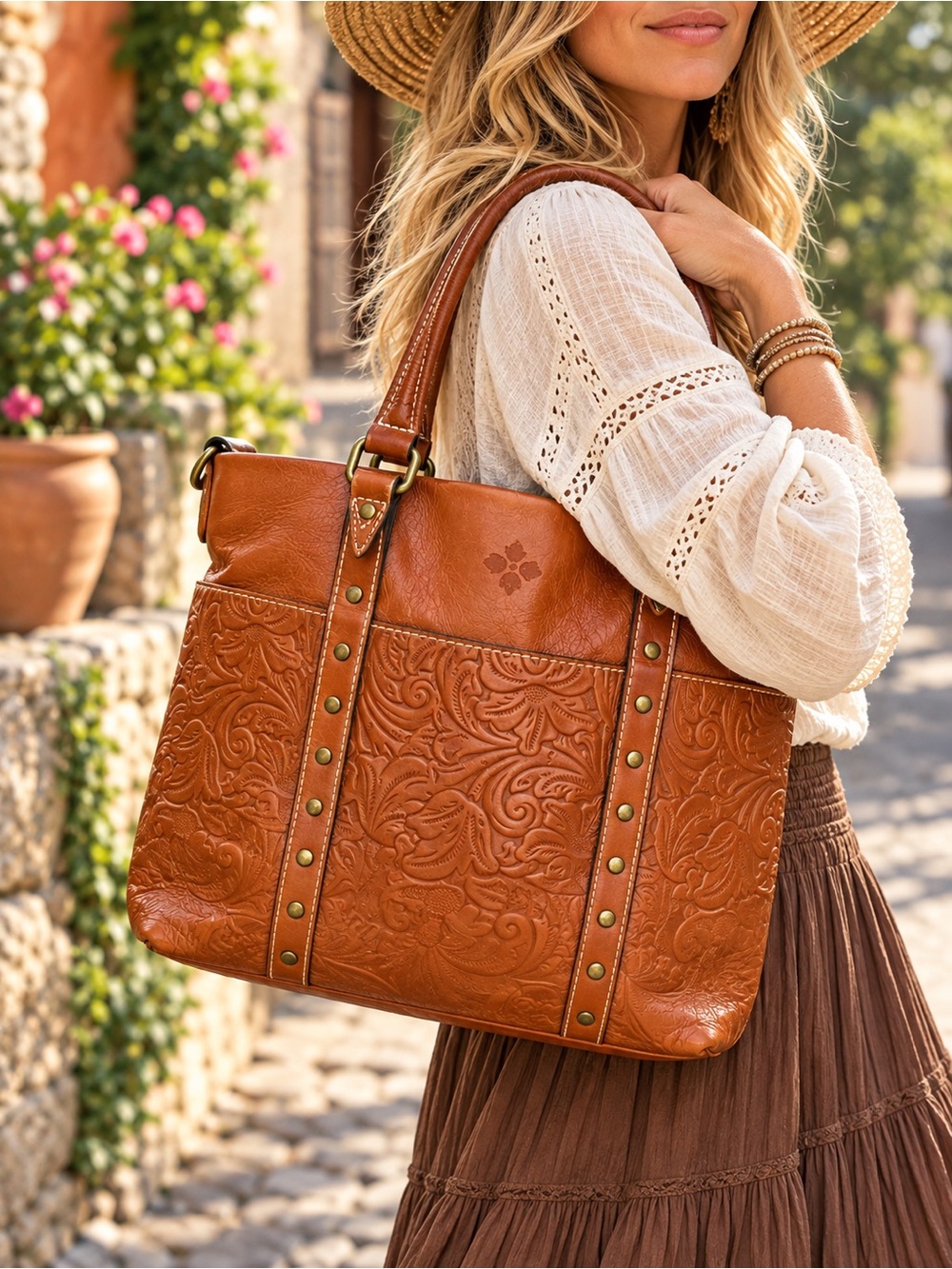 Patricia Nash P61607 Florence Tooled Leather Tote Crossbody Cognac Brown EUC